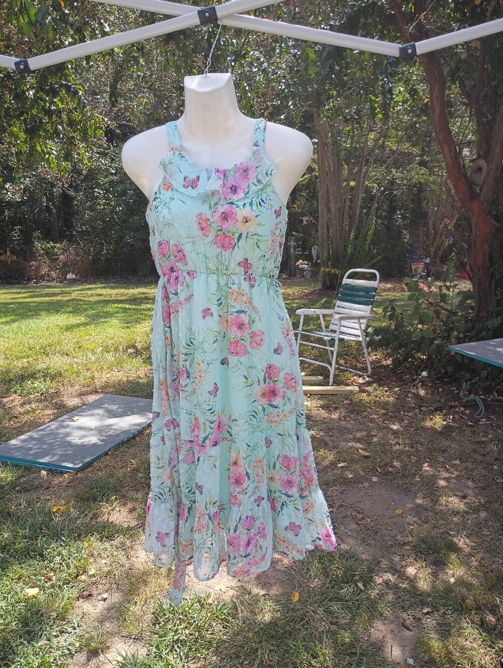 Light Blue Floral Sundress with Pink Flowers - Women Dresses